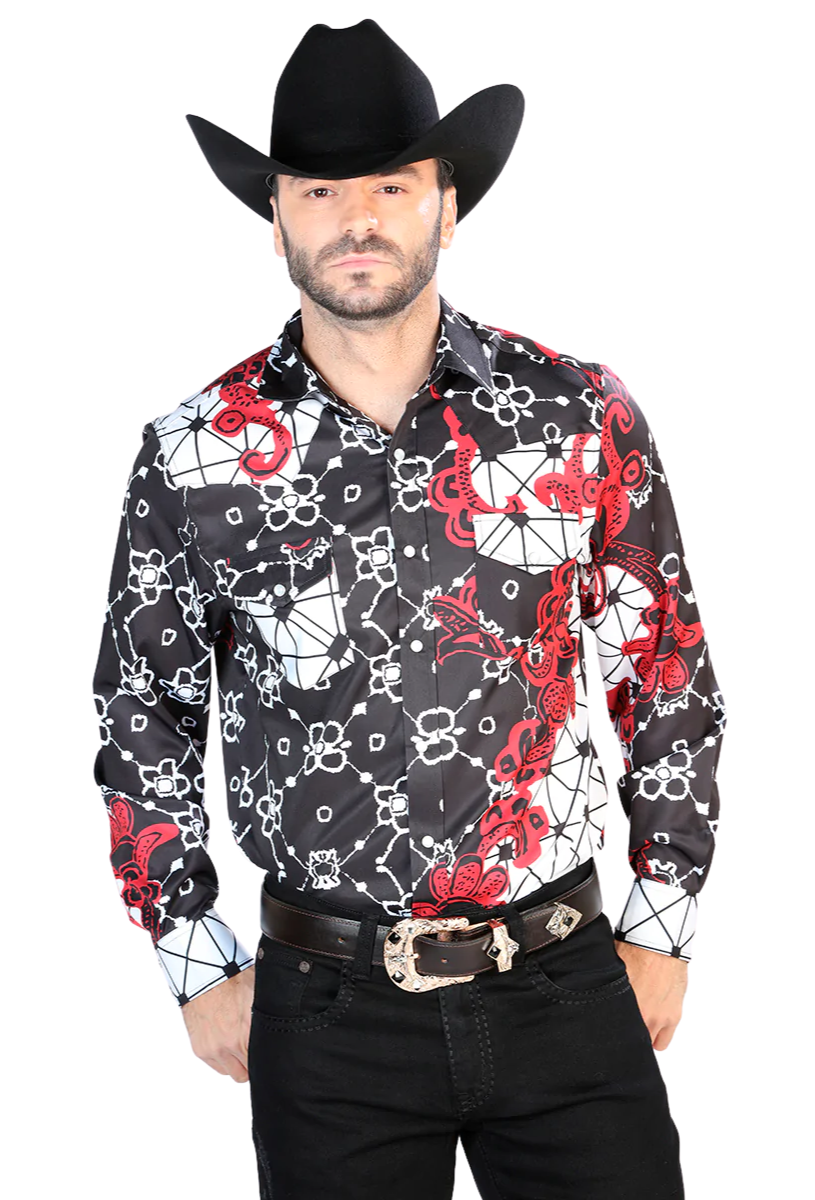 Camisa Vaquera Manga Larga Estampada Burgundy para Hombre 'El Señor de los Cielos' - ID: 44076 Camisas Estampadas El Señor de los Cielos Burgundy