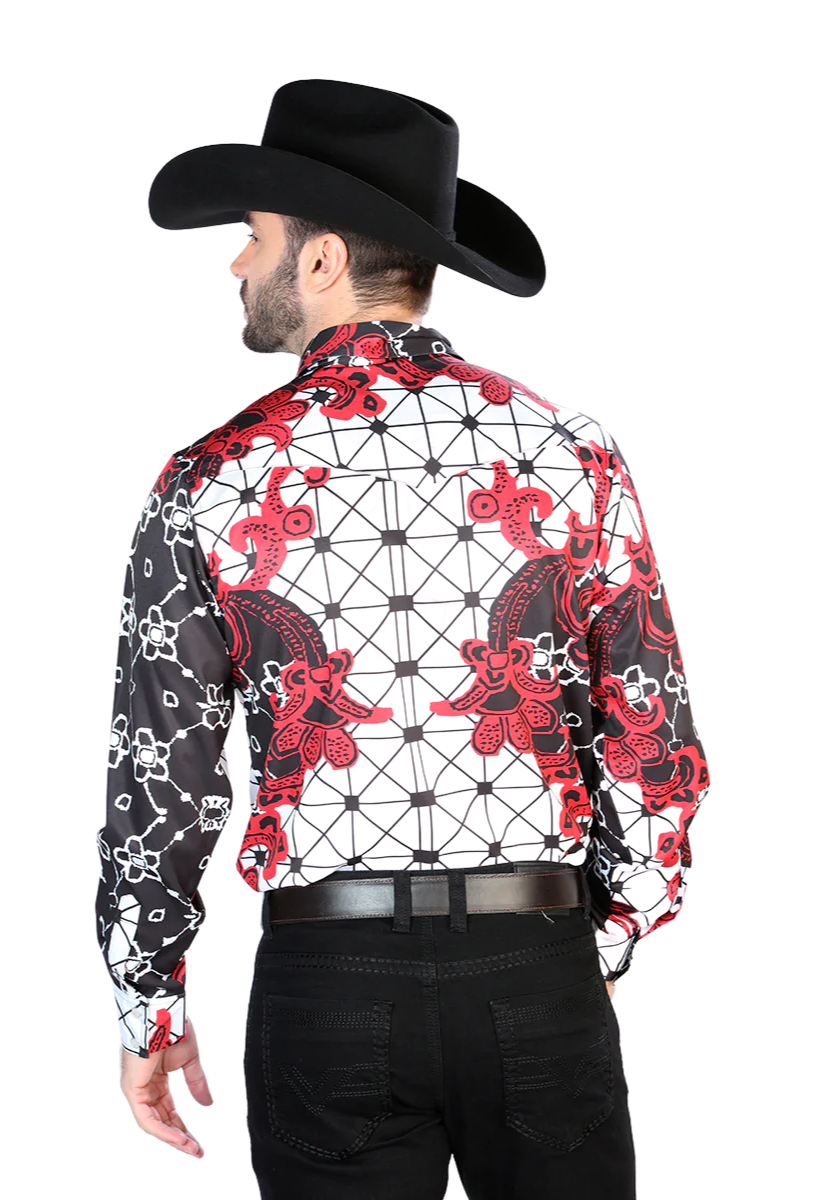 Camisa Vaquera Manga Larga Estampada Burgundy para Hombre 'El Señor de los Cielos' - ID: 44076 Camisas Estampadas El Señor de los Cielos 