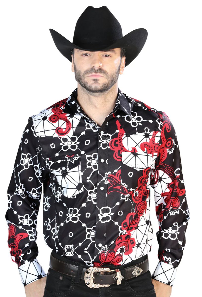 Camisa Vaquera Manga Larga Estampada Burgundy para Hombre 'El Señor de los Cielos' - ID: 44076 Camisas Estampadas El Señor de los Cielos 