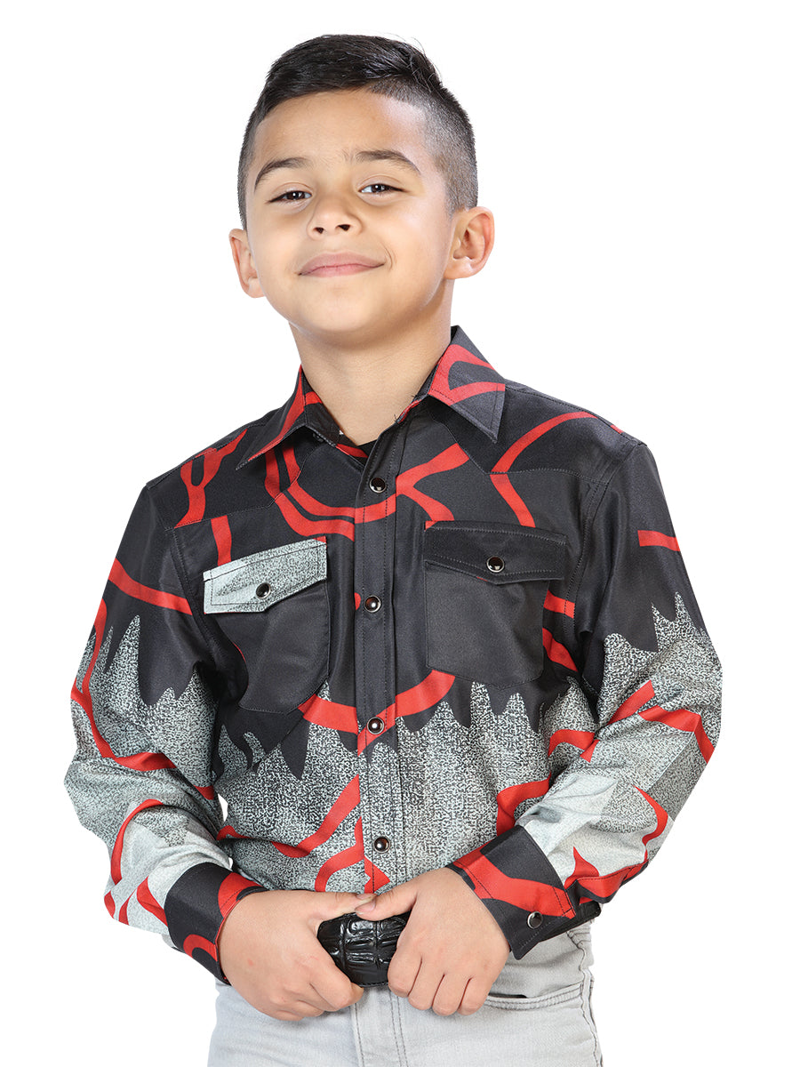 Camisa Vaquera Manga Larga Estampada Negro/Gris para Niños 'El Señor de los Cielos' - ID: 44077 Camisas Estampadas El Señor de los Cielos Black/Gray