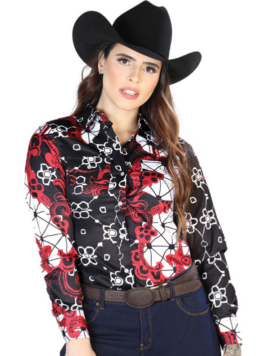 Camisa Vaquera Manga Larga Estampada Floral Burgandy/Negro para Mujer 'El Señor de los Cielos' - ID: 44078 Camisas Florales El Señor de los Cielos 