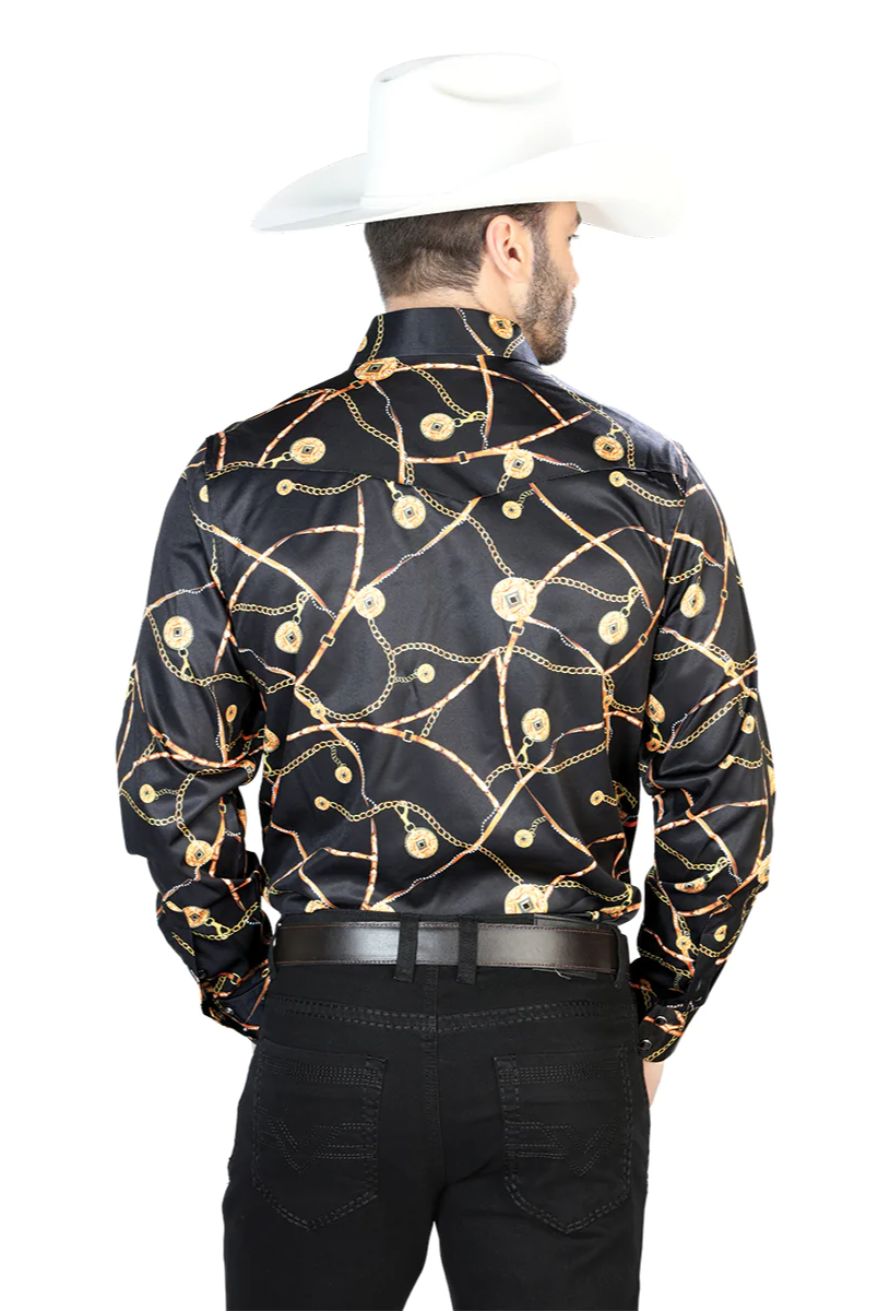 Camisa Vaquera Manga Larga Estampada Cadenas Negro para Hombre 'El Señor de los Cielos' - ID: 44087 Camisas Estampadas El Señor de los Cielos 