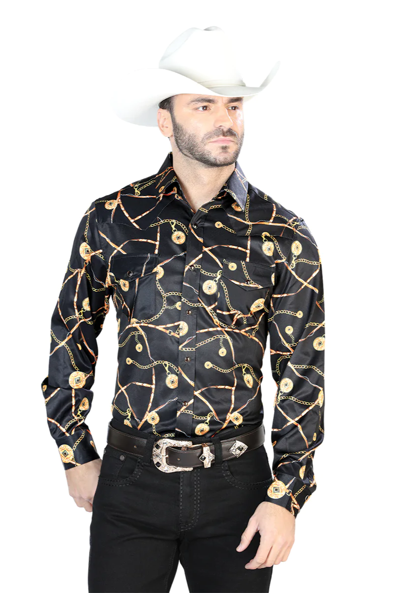 Camisa Vaquera Manga Larga Estampada Cadenas Negro para Hombre 'El Señor de los Cielos' - ID: 44087 Camisas Estampadas El Señor de los Cielos 