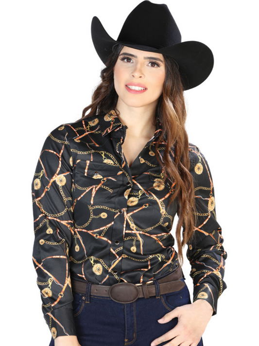 Camisa Vaquera Manga Larga Estampada Floral Negro/Blanco para Mujer 'El Señor de los Cielos' - ID: 44088 Camisas Estampadas El Señor de los Cielos 