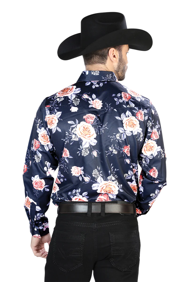 Camisa Vaquera Manga Larga Estampada Floral Marino/Rosas para Hombre 'El Señor de los Cielos' - ID: 44089 Camisas Florales El Señor de los Cielos 