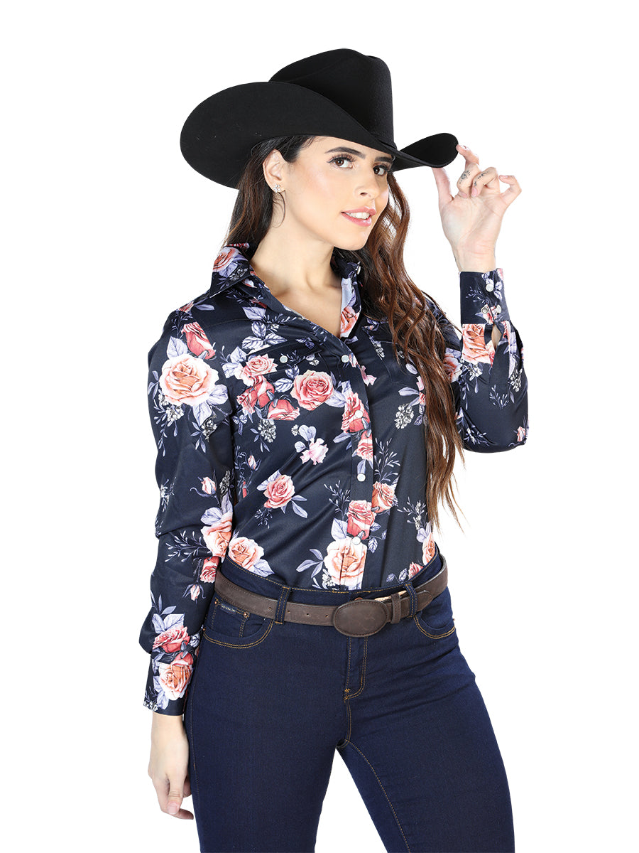 Camisa Vaquera Manga Larga Estampada Floral Azul Marino/Rosas para Mujer 'El Señor de los Cielos' - ID: 44090 Camisas Florales El Señor de los Cielos 