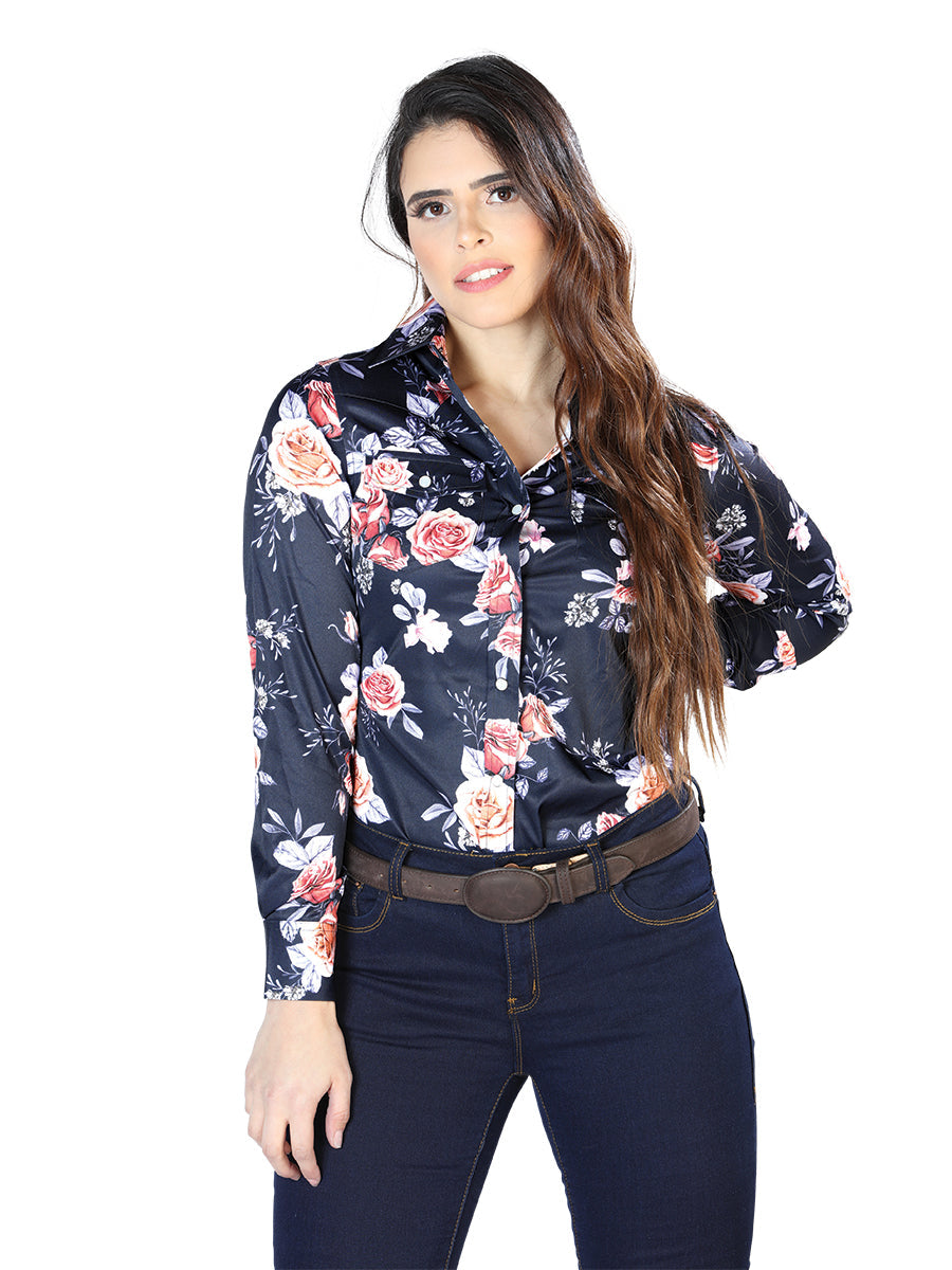 Camisa Vaquera Manga Larga Estampada Floral Azul Marino/Rosas para Mujer 'El Señor de los Cielos' - ID: 44090 Camisas Florales El Señor de los Cielos 