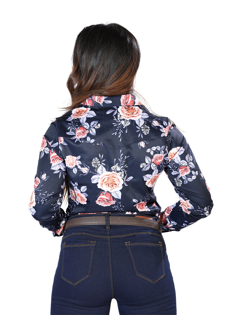 Camisa Vaquera Manga Larga Estampada Floral Azul Marino/Rosas para Mujer 'El Señor de los Cielos' - ID: 44090 Camisas Florales El Señor de los Cielos 