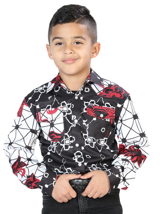 Camisa Vaquera Manga Larga Estampada Blanco/Negro para Niños 'El Señor de los Cielos' - ID: 44094 Camisas Estampadas El Señor de los Cielos White/Black