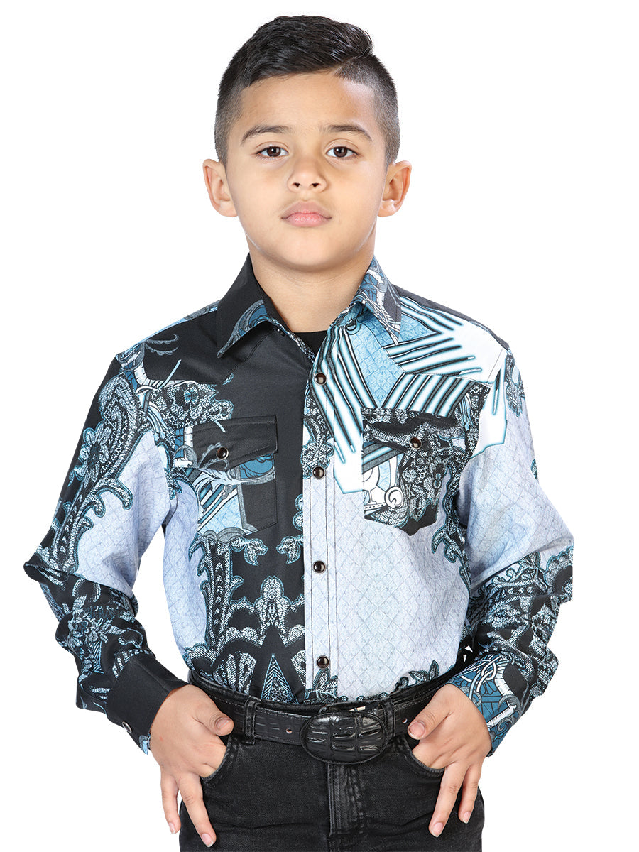 Camisa Vaquera Manga Larga Estampada Negro/Gris para Niños 'El Señor de los Cielos' - ID: 44096 Camisas Estampadas El Señor de los Cielos Black/Gray