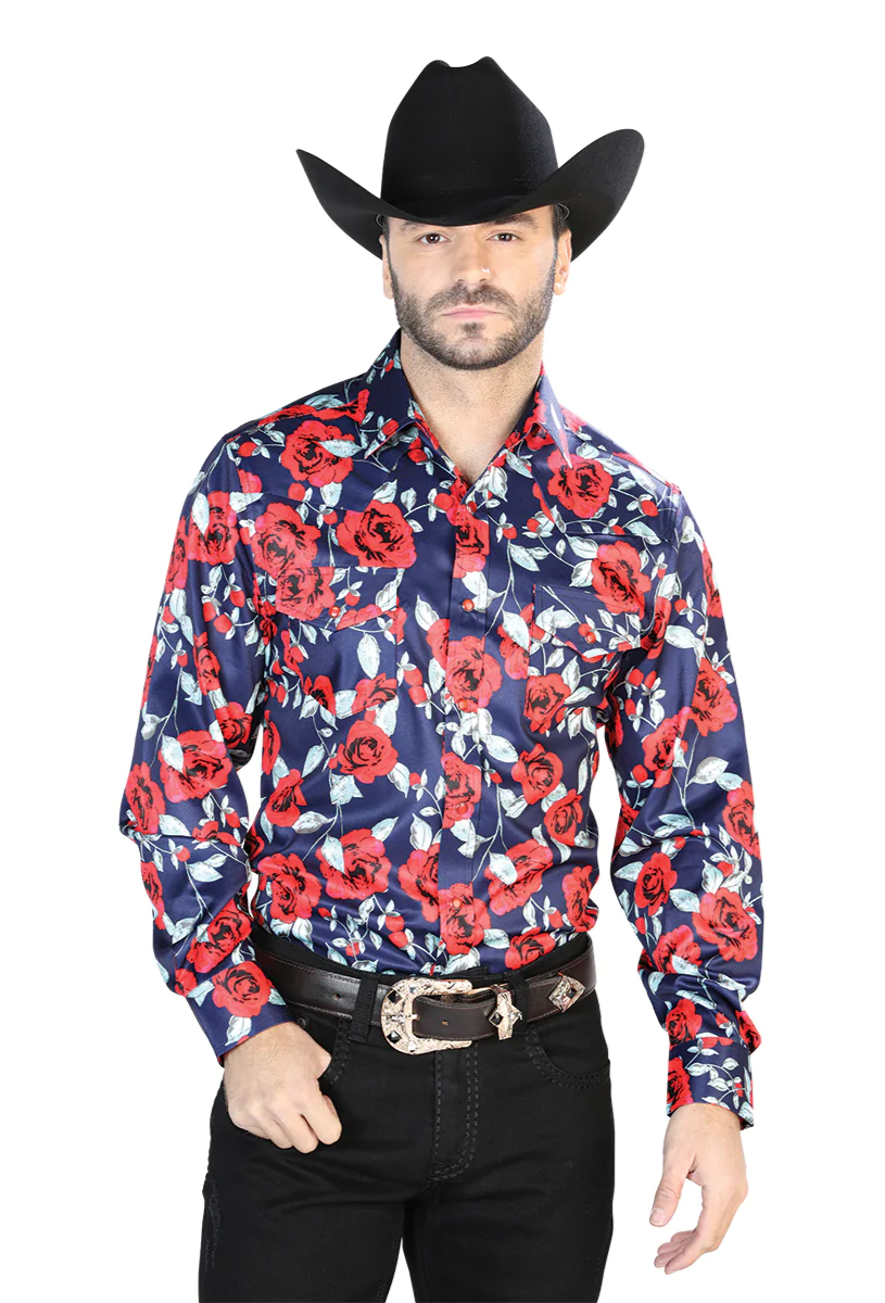 Camisa Vaquera Manga Larga Estampada Floral Ladrillo/Rosas para Hombre 'El Señor de los Cielos' - ID: 44098 Camisas Florales El Señor de los Cielos 