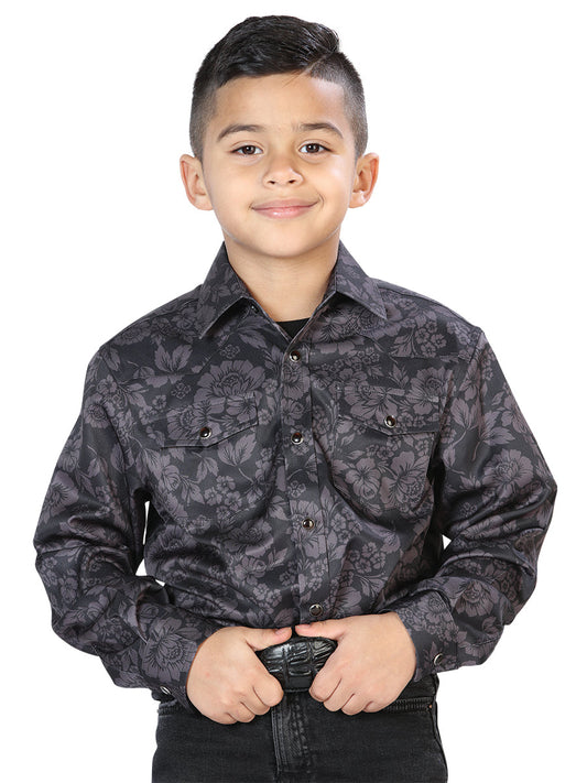 Camisa Vaquera Manga Larga Estampada Negro para Niños 'El Señor de los Cielos' - ID: 44101 Western Shirt El Señor de los Cielos Black