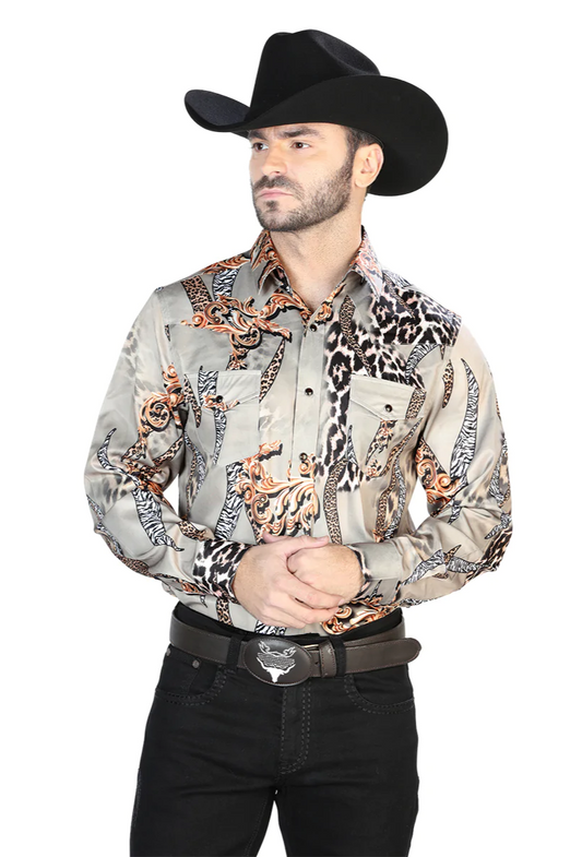 Camisa Vaquera Manga Larga Estampada Gris Pardo para Hombre 'El Señor de los Cielos' - ID: 44102 Western Shirt El Señor de los Cielos 