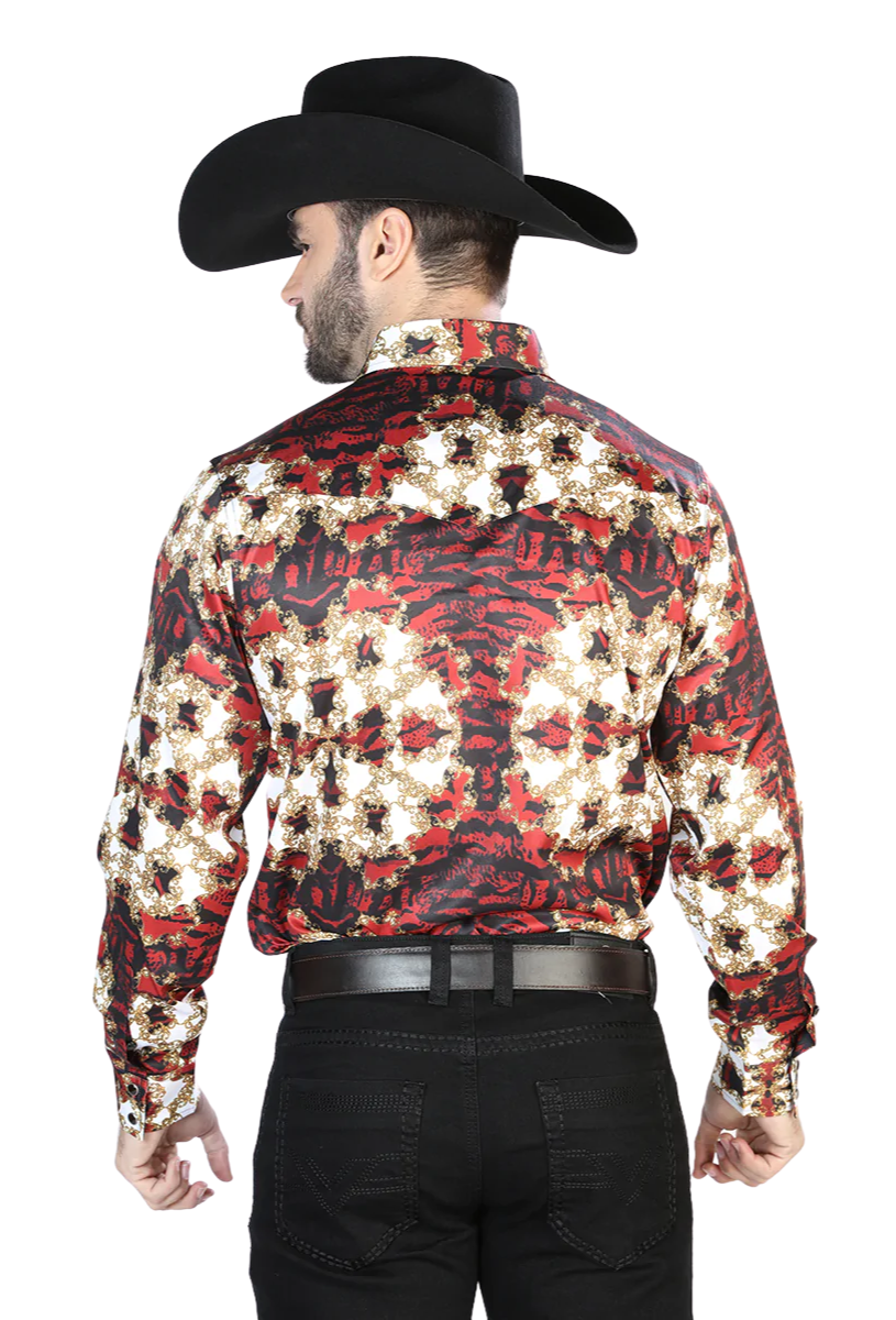 Camisa Vaquera Manga Larga Estampada Burgundy para Hombre 'El Señor de los Cielos' - ID: 44103 Camisas Estampadas El Señor de los Cielos 