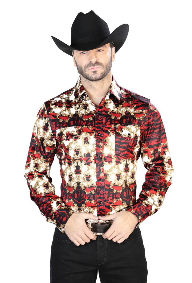 Camisa Vaquera Manga Larga Estampada Burgundy para Hombre 'El Señor de los Cielos' - ID: 44103 Camisas Estampadas El Señor de los Cielos 