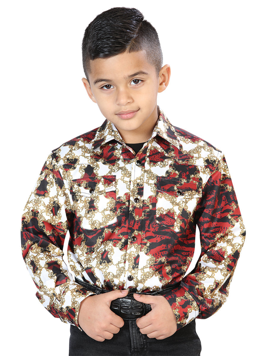 Camisa Vaquera Manga Larga Estampada Burgandy para Niños 'El Señor de los Cielos' - ID: 44104 Camisas Estampadas El Señor de los Cielos Burgandy