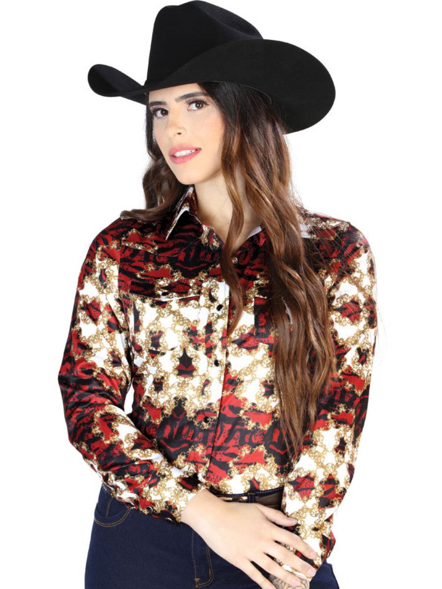 Camisa Vaquera Manga Larga Estampada Floral Burgandy/Oro para Mujer 'El Señor de los Cielos' - ID: 44105 Camisas Florales El Señor de los Cielos 