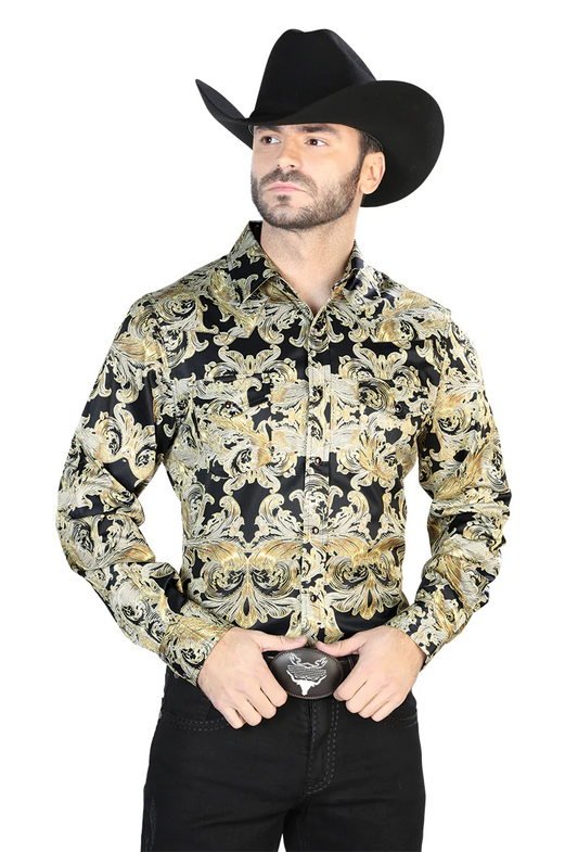 Camisa Vaquera Manga Larga Estampada Cachemir Oro/Negro para Hombre 'El Señor de los Cielos' - ID: 44106 Western Shirt El Señor de los Cielos 