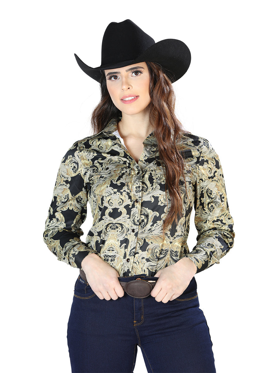 Camisa Vaquera Manga Larga Estampada Oro/Negro para Mujer 'El Señor de los Cielos' - ID: 44107 Camisas Estampadas El Señor de los Cielos 