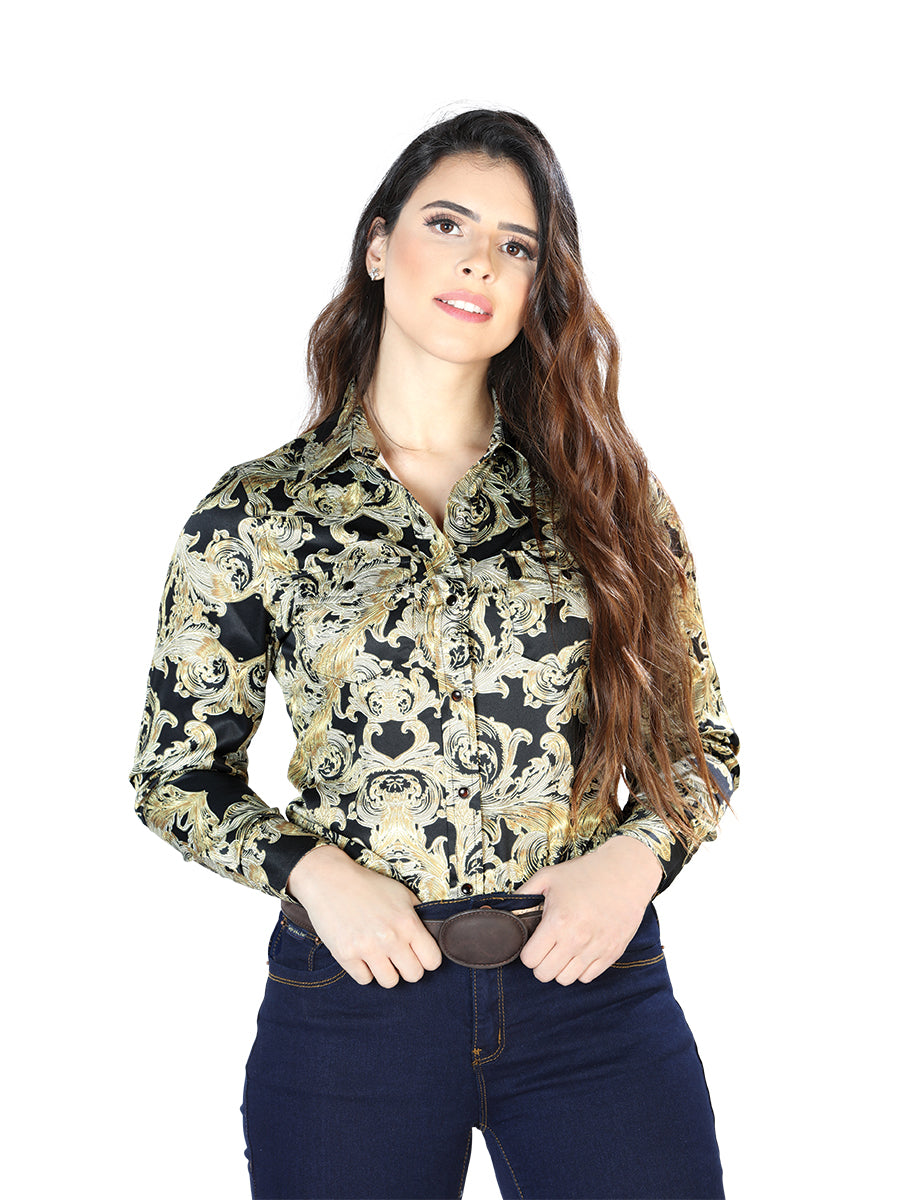 Camisa Vaquera Manga Larga Estampada Oro/Negro para Mujer 'El Señor de los Cielos' - ID: 44107 Camisas Estampadas El Señor de los Cielos 