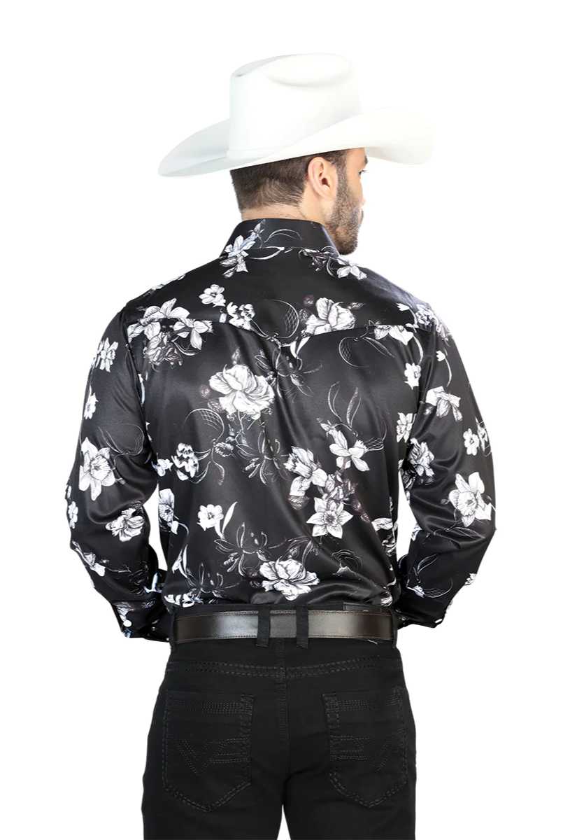 Camisa Vaquera Manga Larga Estampada Floral Negro/Blanco para Hombre 'El Señor de los Cielos' - ID: 44109 Camisas Florales El Señor de los Cielos 