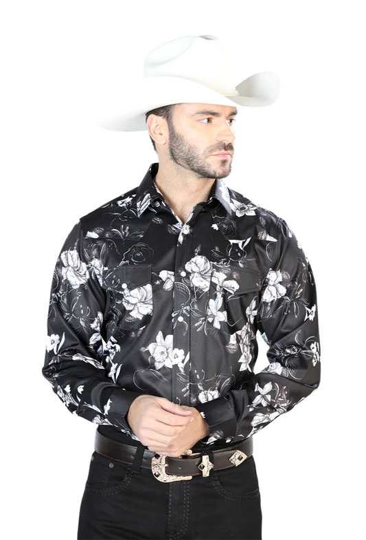 Camisa Vaquera Manga Larga Estampada Floral Negro/Blanco para Hombre 'El Señor de los Cielos' - ID: 44109 Camisas Florales El Señor de los Cielos 