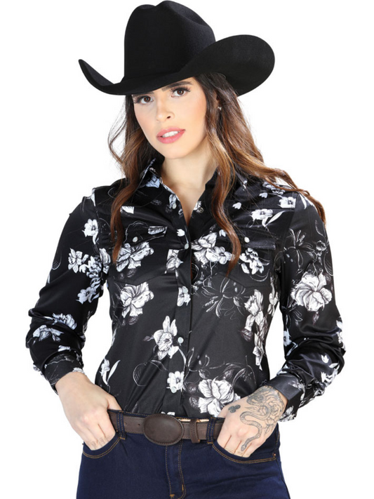 Camisa Vaquera Manga Larga Estampada Floral Negro/Blanco para Mujer 'El Señor de los Cielos' - ID: 44110 Western Shirt El Señor de los Cielos 