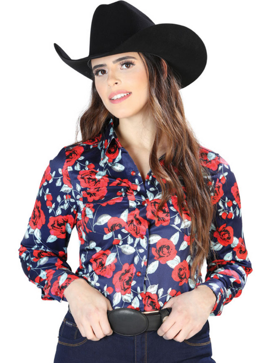 Camisa Vaquera Manga Larga Estampada Floral Negro/Rosas para Mujer 'El Señor de los Cielos' - ID: 44112 Camisas Florales El Señor de los Cielos 