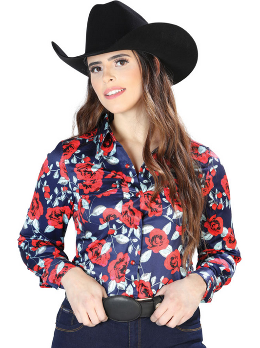 Camisa Vaquera Manga Larga Estampada Floral Negro/Rosas para Mujer 'El Señor de los Cielos' - ID: 44112 Western Shirt El Señor de los Cielos 