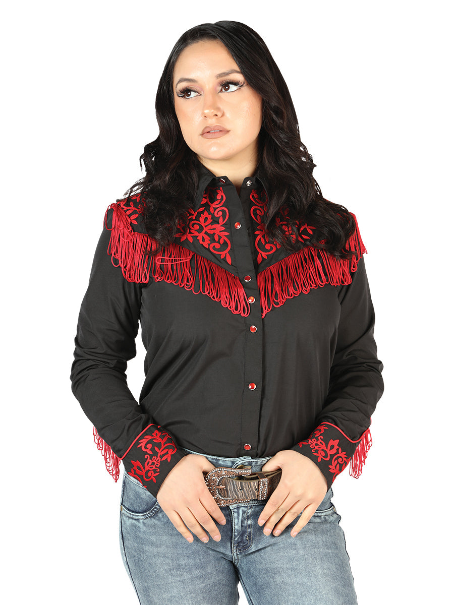 Camisa Vaquera Manga Larga Bordada Negro/Rojo para Mujer 'El Señor de los Cielos' - ID: 44181 Camisas Bordadas El Señor de los Cielos Black/Red