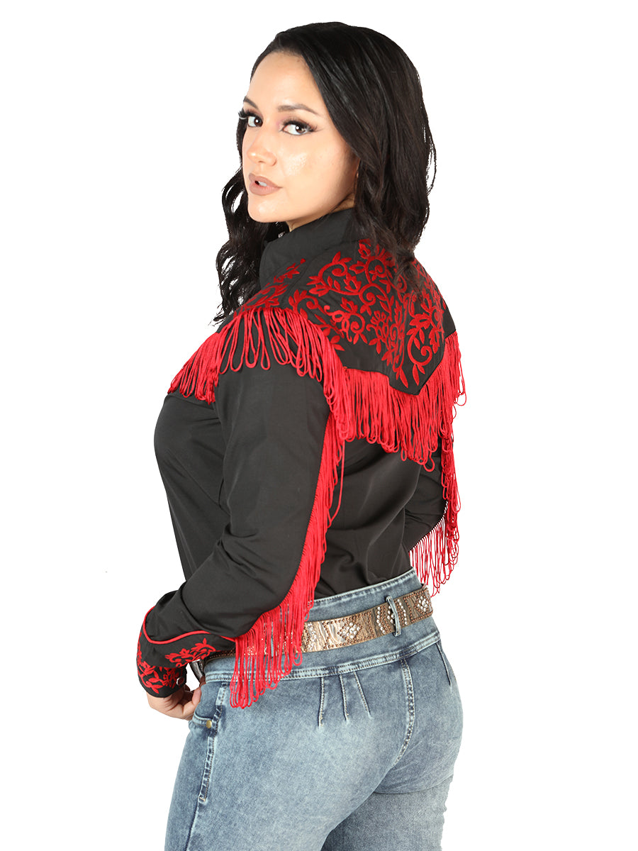 Camisa Vaquera Manga Larga Bordada Negro/Rojo para Mujer 'El Señor de los Cielos' - ID: 44181 Camisas Bordadas El Señor de los Cielos 