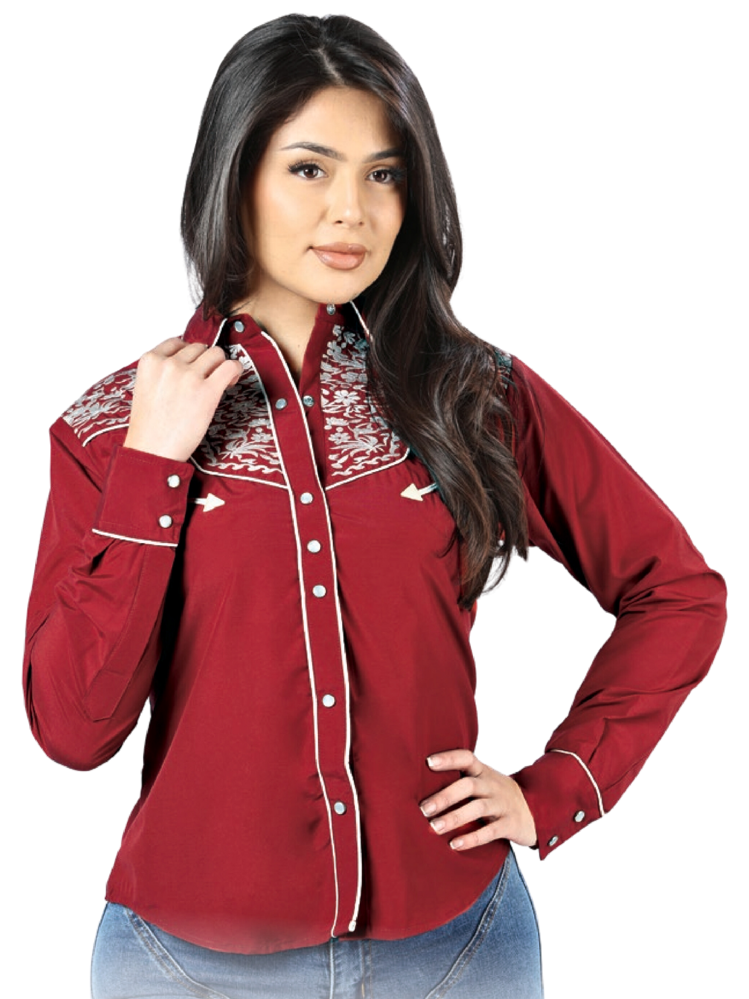 Camisa Vaquera Manga Larga Bordada Burgandy para Mujer 'El Señor de los Cielos' - ID: 44184 Camisas Bordadas El Señor de los Cielos Burgandy