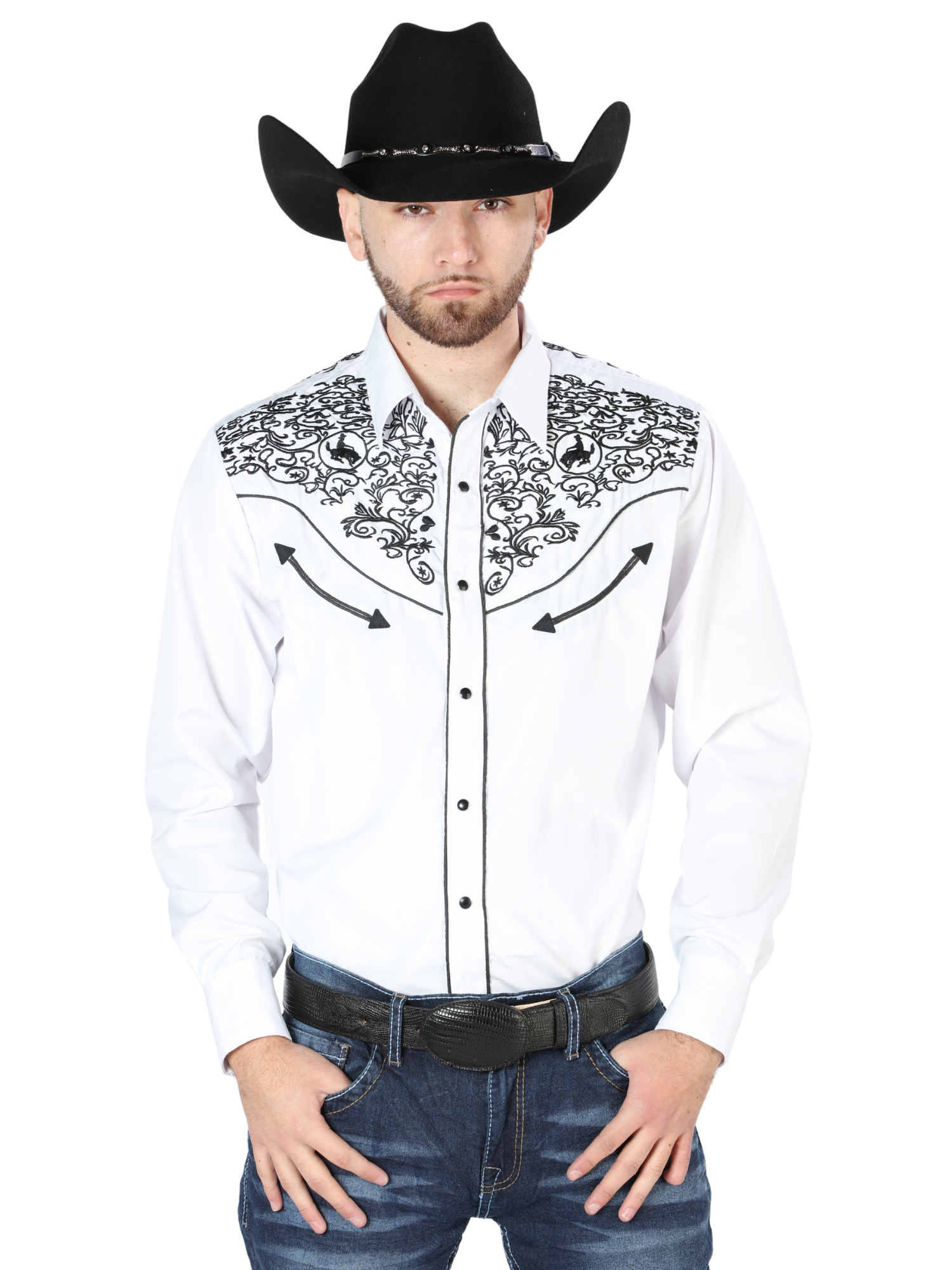 Camisa Vaquera Bordada Manga Larga Blanco para Hombre 'El Señor de los Cielos' - ID: 44188 Camisas Bordadas El Señor de los Cielos White