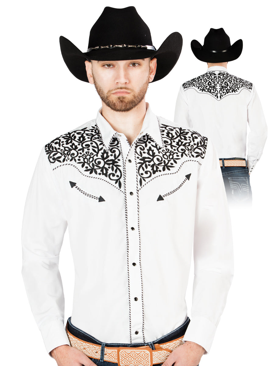 Camisa Vaquera Bordada Manga Larga Blanco para Hombre 'El Señor de los Cielos' - ID: 44194 Camisas Bordadas El Señor de los Cielos White