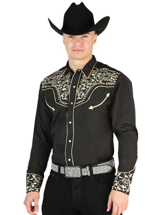 Camisa Vaquera Bordada Manga Larga Negro para Hombre 'El Señor de los Cielos' - ID: 44195 Western Shirt El Señor de los Cielos 