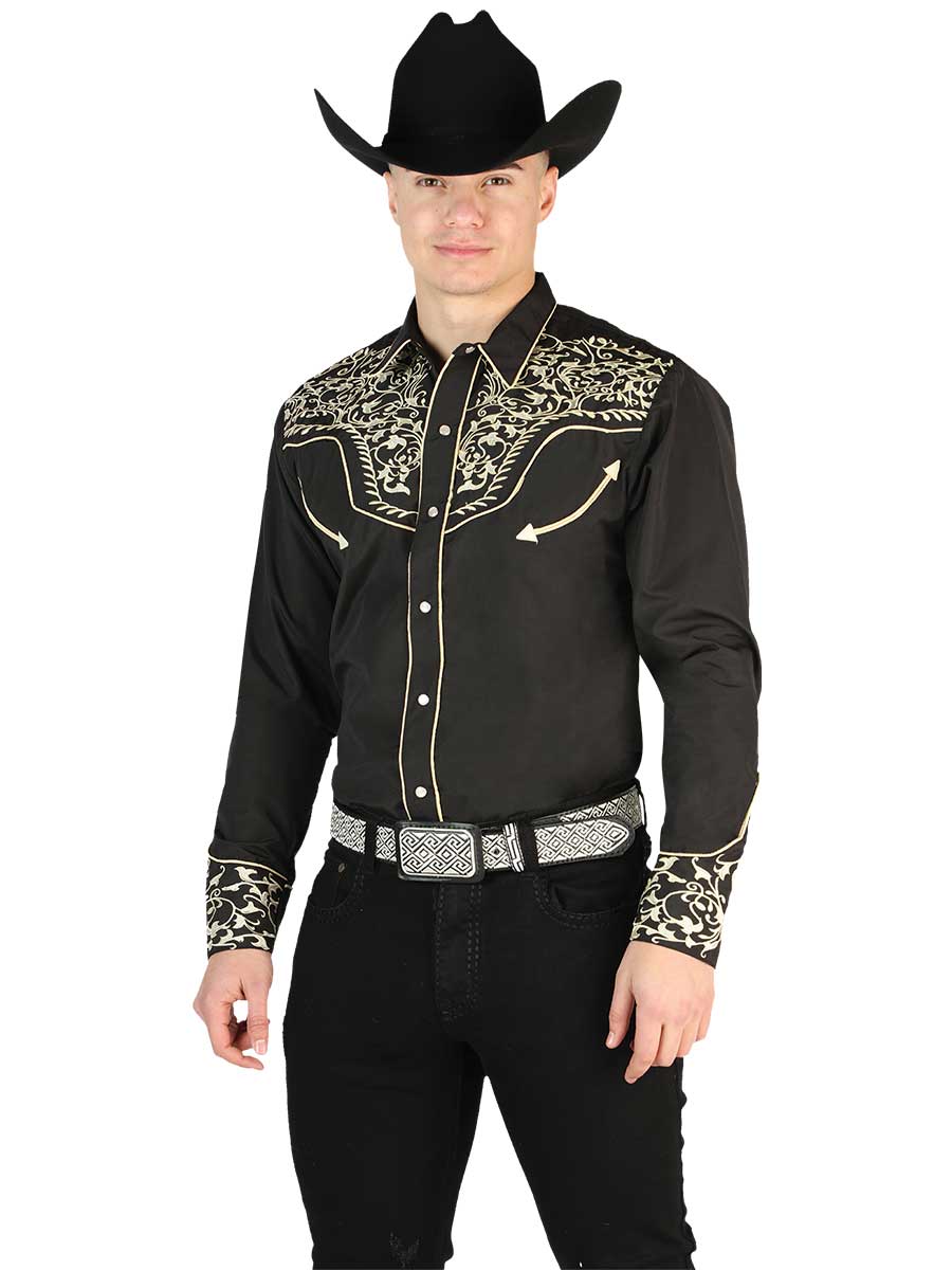 Camisa Vaquera Bordada Manga Larga Negro para Hombre 'El Señor de los Cielos' - ID: 44195 Western Shirt El Señor de los Cielos Black