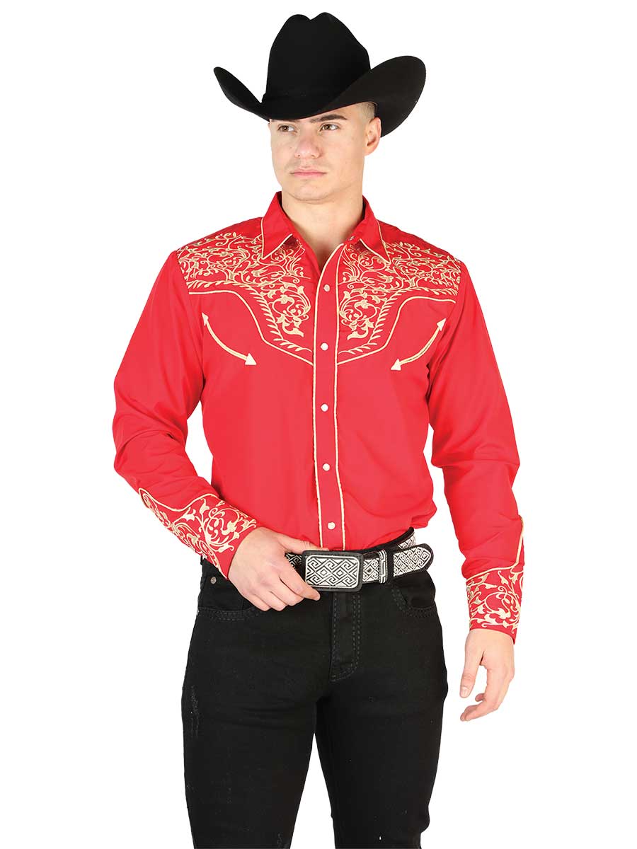 Camisa Vaquera Bordada Manga Larga Rojo para Hombre 'El Señor de los Cielos' - ID: 44197 Camisas Bordadas El Señor de los Cielos Red