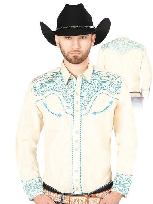 Camisa Vaquera Bordada Manga Larga Beige para Hombre 'El Señor de los Cielos' - ID: 44199 Western Shirt El Señor de los Cielos Beige