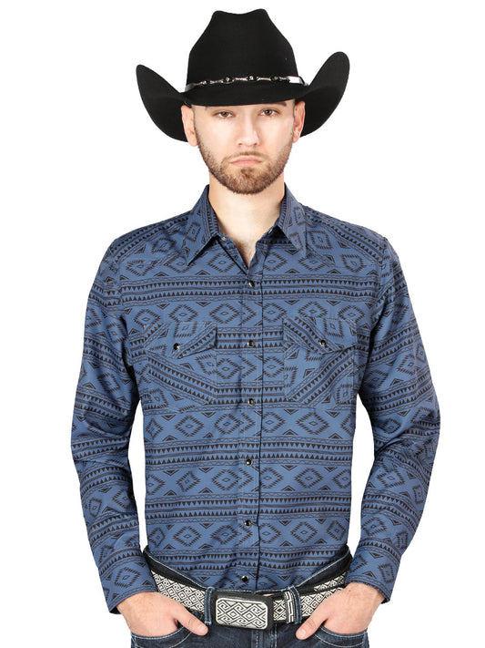 Camisa Vaquera Manga Larga Estampada Azul Oscuro para Hombre 'El Señor de los Cielos' - ID: 44204 Camisas Estampadas El Señor de los Cielos Dark Blue