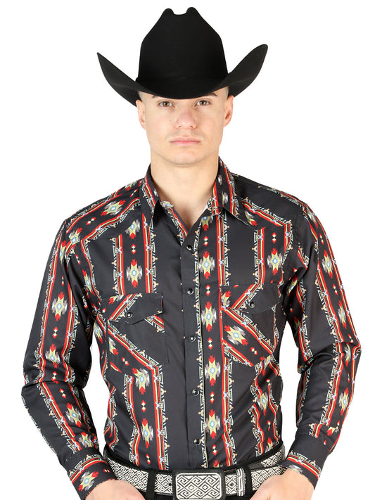 Camisa Vaquera Manga Larga Estampada Negro/Rojo para Hombre 'El Señor de los Cielos' - ID: 44210 Camisas Estampadas El Señor de los Cielos Black/Red