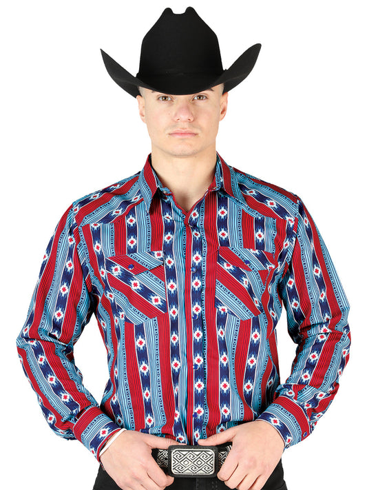 Camisa Vaquera Manga Larga Estampada Azul/Rojo para Hombre 'El Señor de los Cielos' - ID: 44212 Camisas Estampadas El Señor de los Cielos Blue/Red