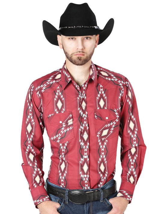 Camisa Vaquera Manga Larga Estampada Burgandy para Hombre 'El Señor de los Cielos' - ID: 44216 Camisas Estampadas El Señor de los Cielos Burgandy