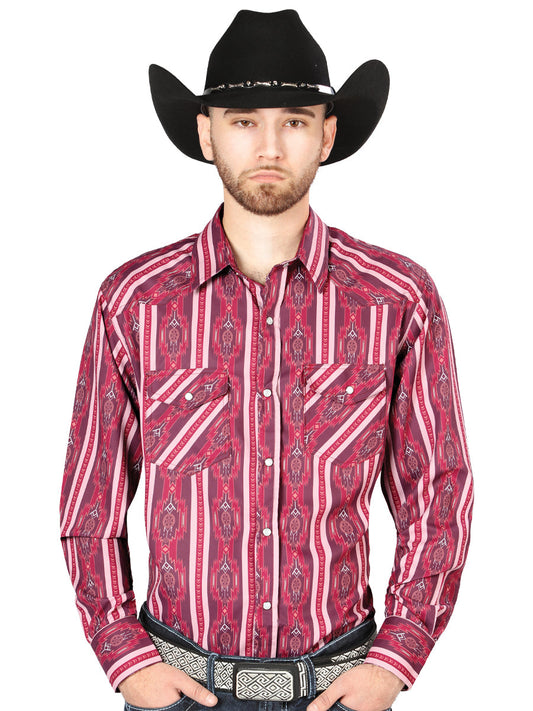 Camisa Vaquera Manga Larga Estampada Burgandy para Hombre 'El Señor de los Cielos' - ID: 44221 Camisas Estampadas El Señor de los Cielos Burgandy