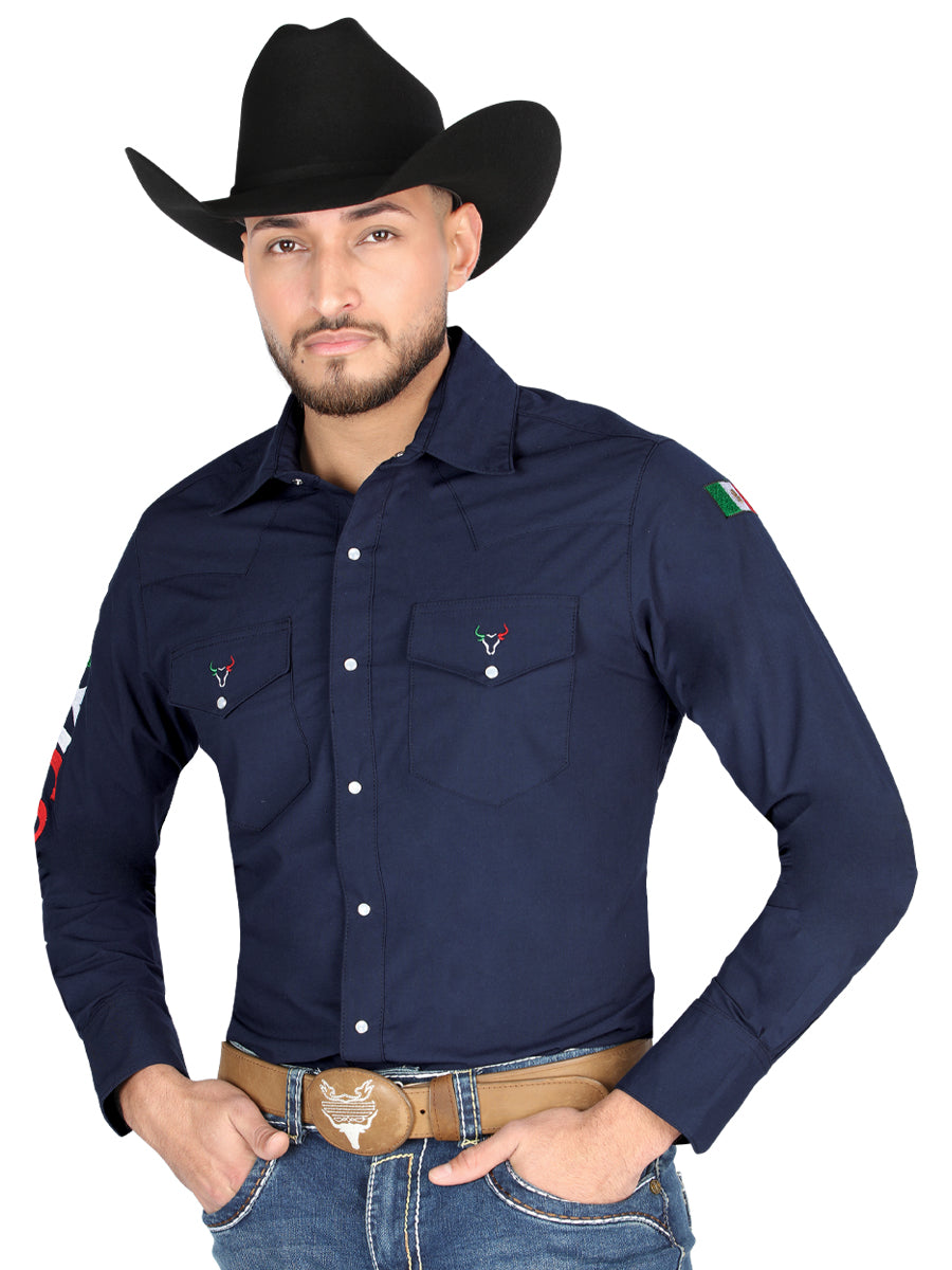 Camisa Vaquera Bordada México Manga Larga Azul Marino para Hombre 'El General' - ID: 44286 Camisas Bordadas El General Navy Blue