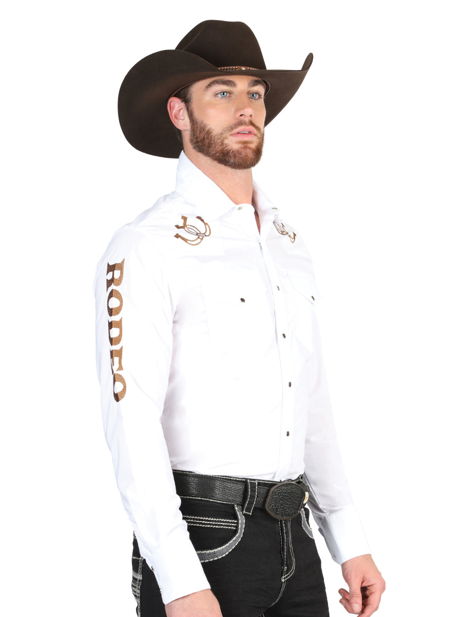 Camisa Vaquera Bordada Rodeo Manga Larga Blanco para Hombre 'El General' - ID: 44287 Camisas Bordadas El General White