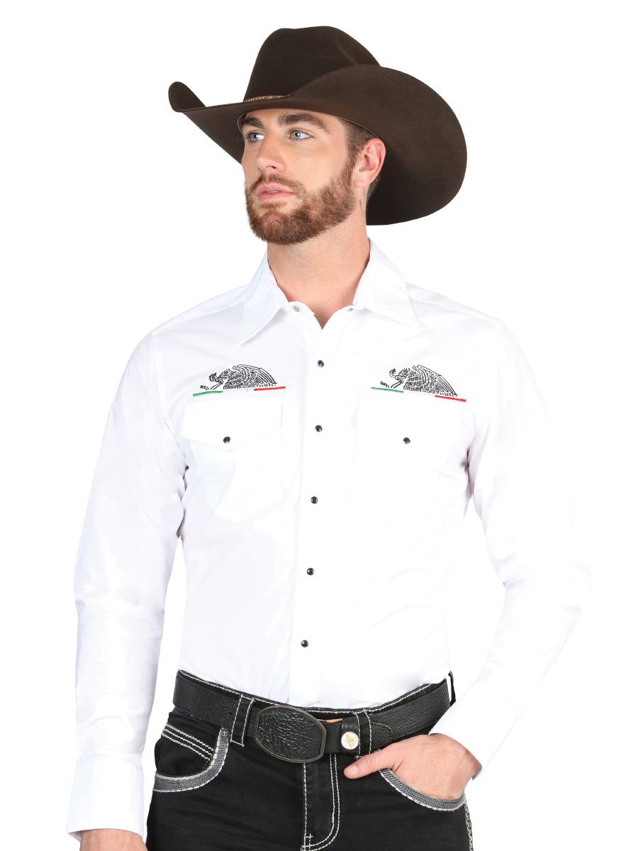 Camisa Vaquera Bordada Aguila Manga Larga Blanco para Hombre 'El General' - ID: 44291 Camisas Bordadas El General White