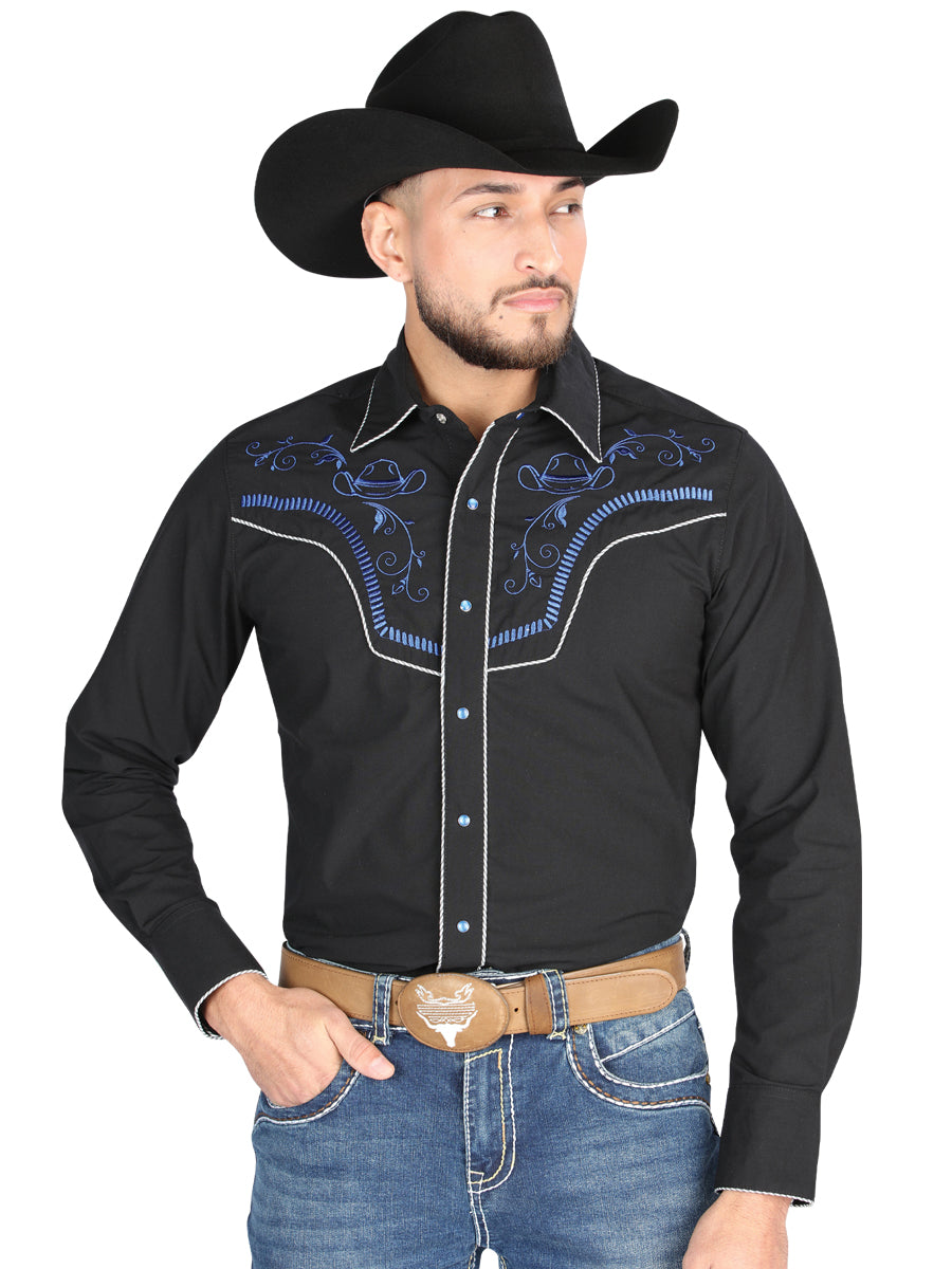 Camisa Vaquera Manga Larga Bordada Negro para Hombre 'El General' - ID: 44297 Camisas Bordadas El General Black