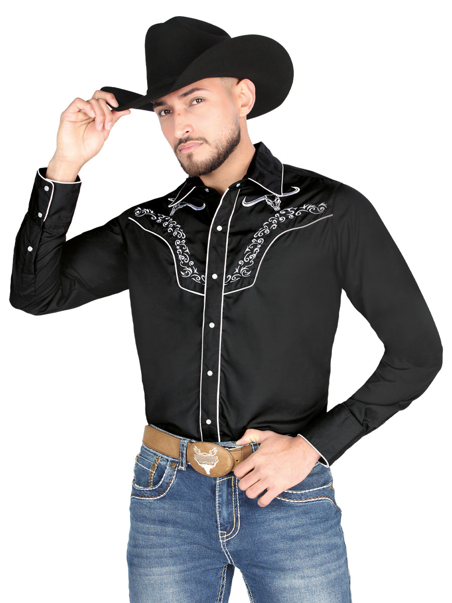 Camisa Vaquera Manga Larga Bordada Negro para Hombre 'El General' - ID: 44301 Camisas Bordadas El General Black