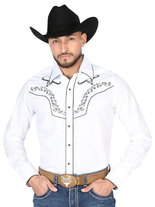 Camisa Vaquera Manga Larga Bordada Blanco para Hombre 'El General' - ID: 44302