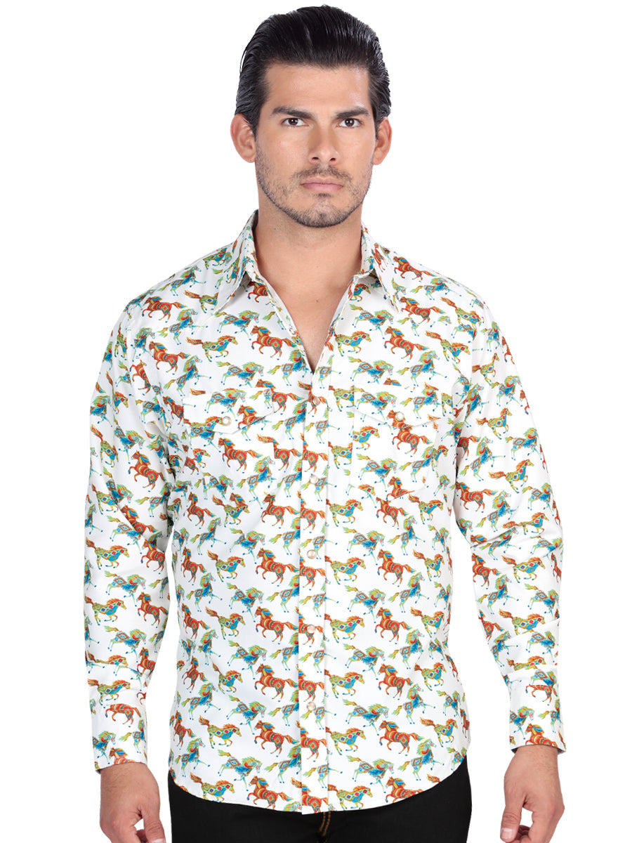 Camisa Vaquera Manga Larga Estampada Blanco para Hombre 'El General' - ID: 44313